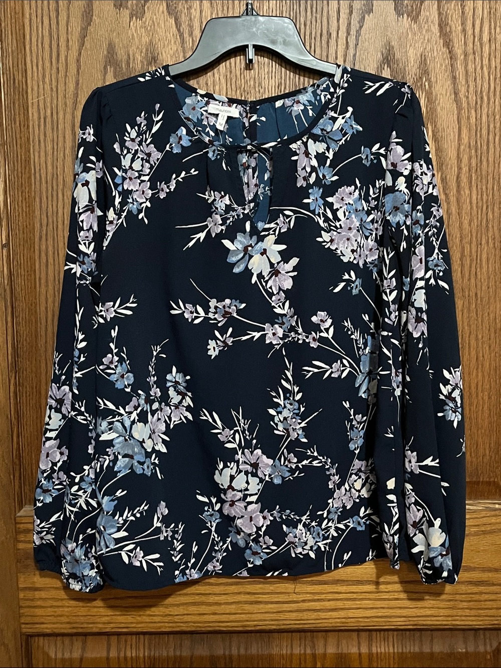 Maurices Navy Floral Long-Sleeve Keyhole Top